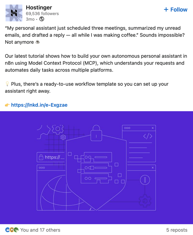 Hostinger LinkedIn post promoting n8n tutorial to 69K followers