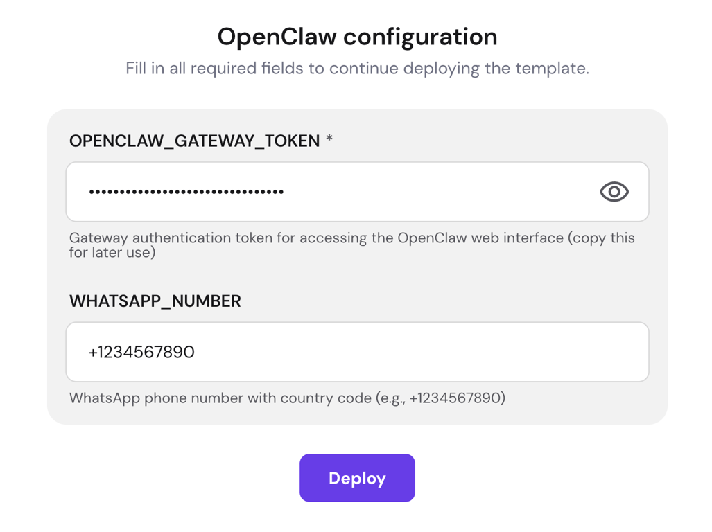 Hostinger's OpenClaw configuration window with the gateway token and WhatsApp number fields