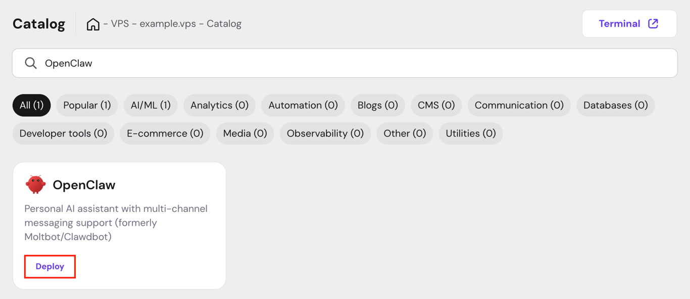 The Deploy button for OpenClaw in hPanel's Docker Catalog menu