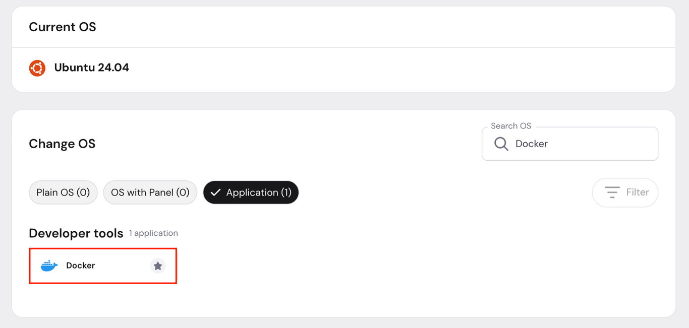 The Docker template in hPanel's Change OS section
