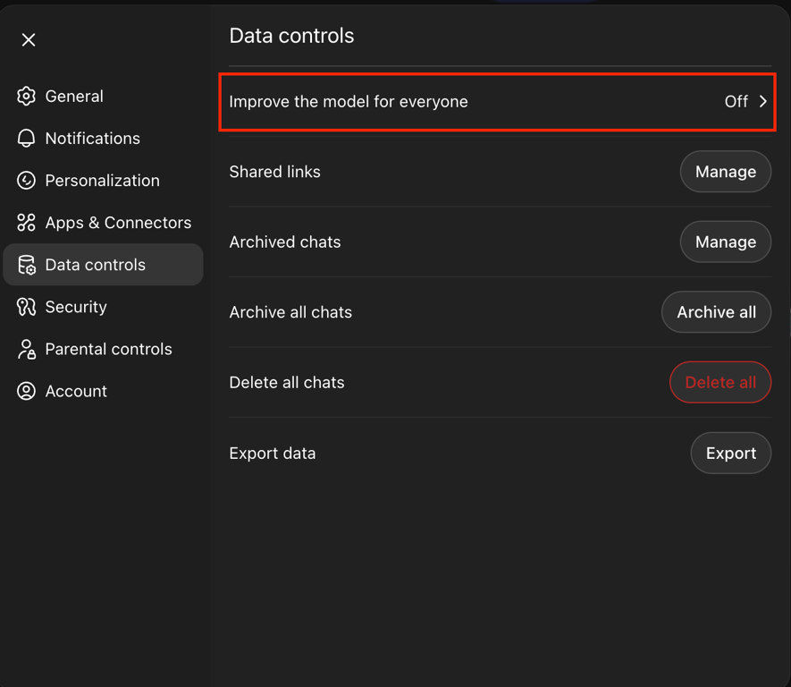 ChatGPT's "Improve the model for everyone" settings option