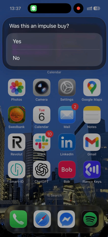 iOS Shortcut popup asking "Was this an impulse buy?" with Yes and No options