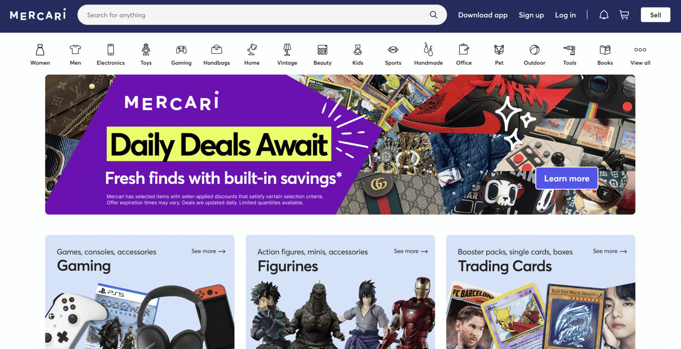 Mercari homepage featuring daily deals