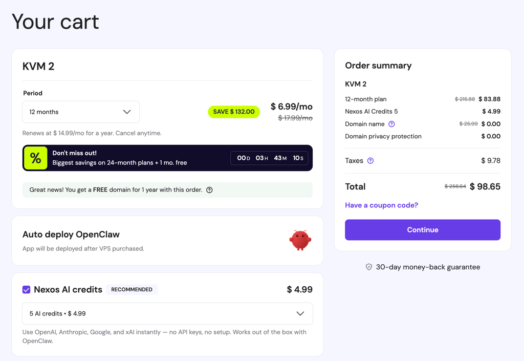 Hostinger's OpenClaw cart window with Nexos AI credits add-on selected