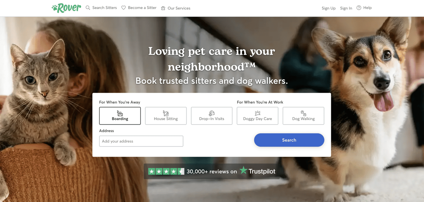Rover homepage promoting local pet care services