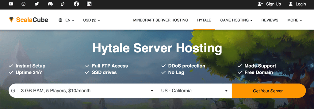 ScalaCube Hytale server hosting landing page