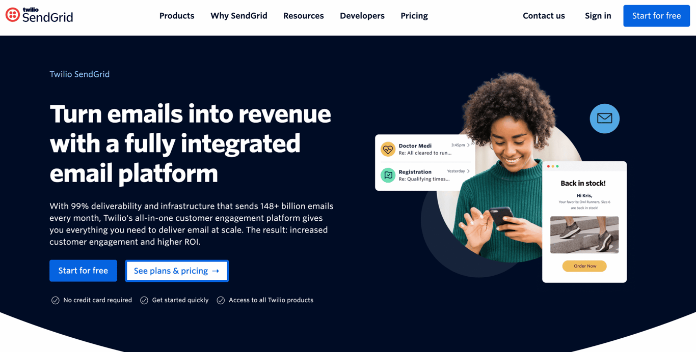 Homepage of SendGrid