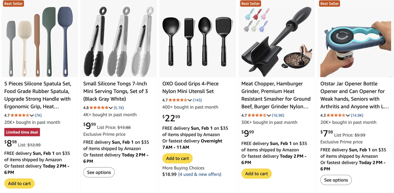 Amazon search results showing popular kitchen tools