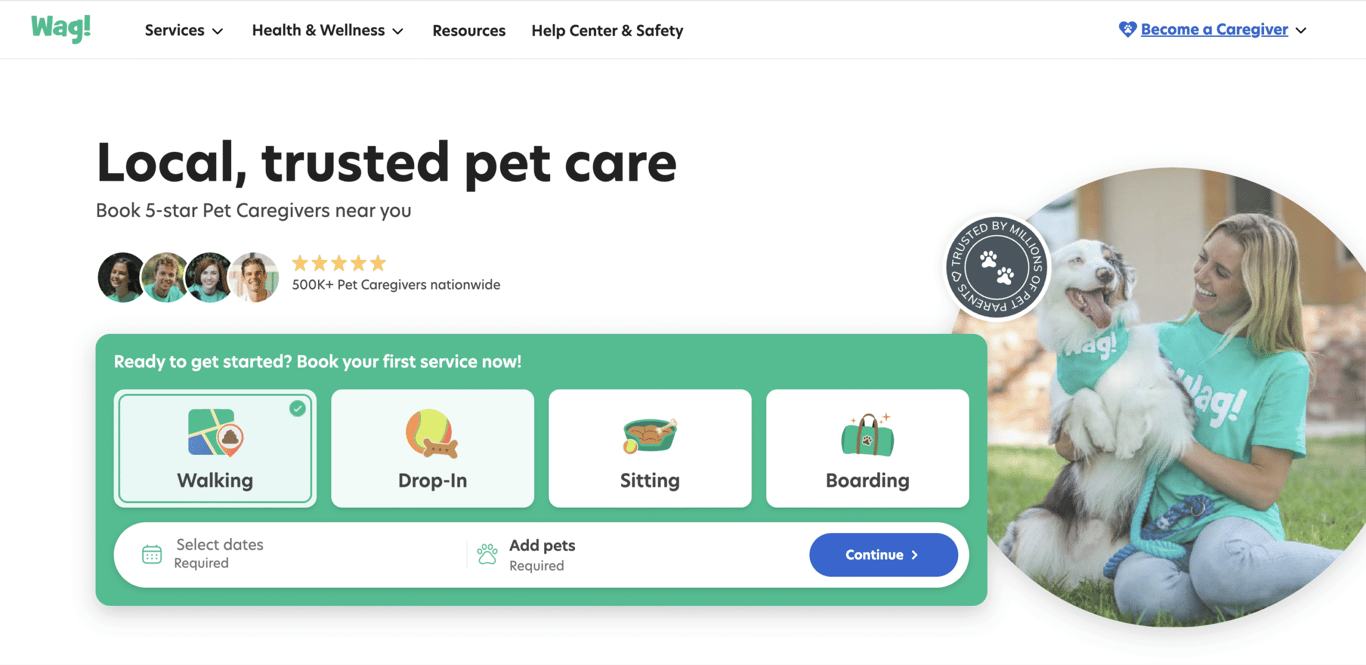 Wag! pet care services homepage