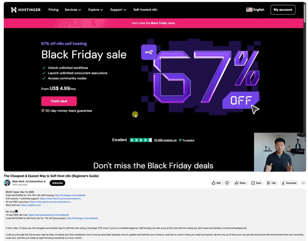 YouTuber Nate Herk's Hostinger-sponsored n8n self-hosting tutorial
