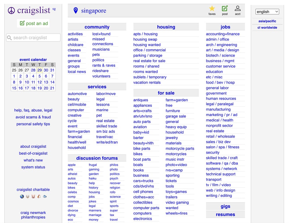 How to make money in one hour - Craigslist Singapore homepage feature ad types being offered