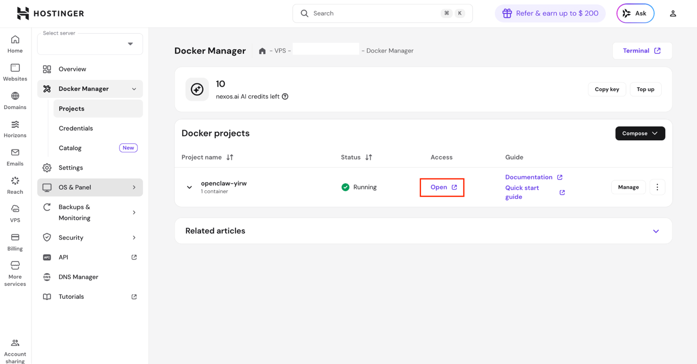 The Open button to OpenClaw in Hostinger VPS dashboard