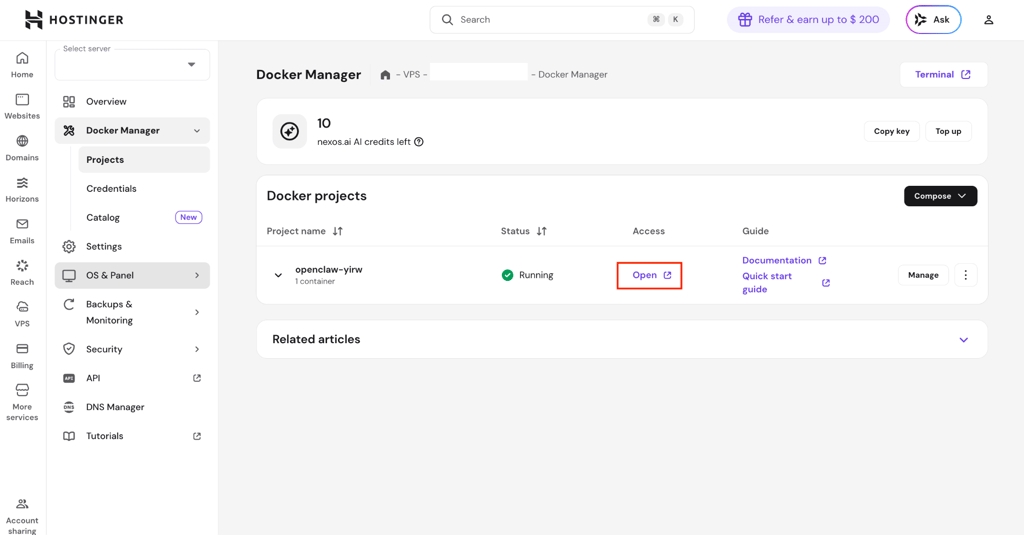 The Open button to OpenClaw in Hostinger VPS dashboard