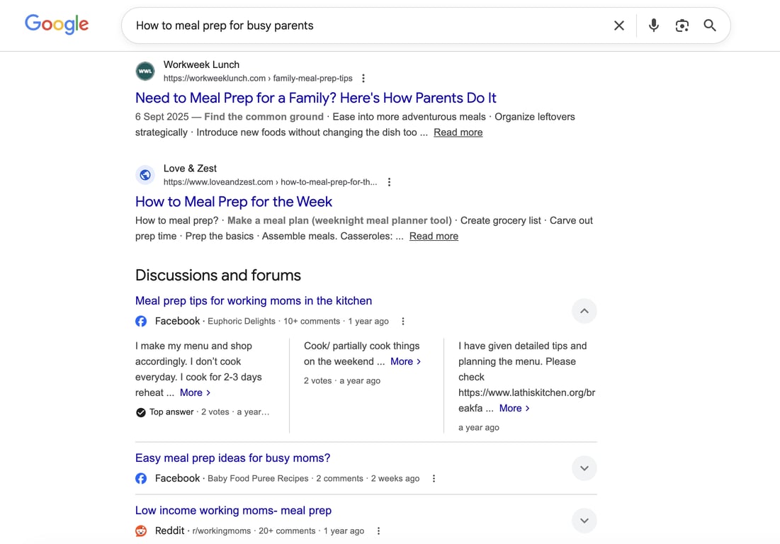 Google search page showing results for "How to meal prep for busy parents"