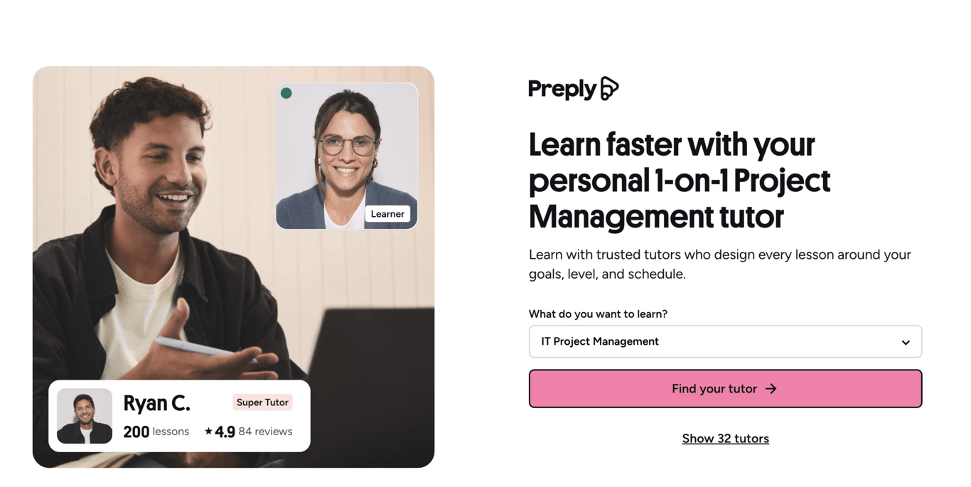 Preply homepage featuring a student engaging with an online learning platform, and a personal tutor for Project Management lessons.