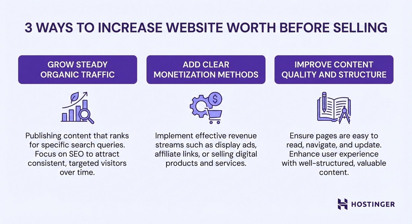  Infographic titled "3 Ways to Increase Website Worth Before Selling," detailing strategies for traffic growth, monetization, and content improvement that support creative ways to make money