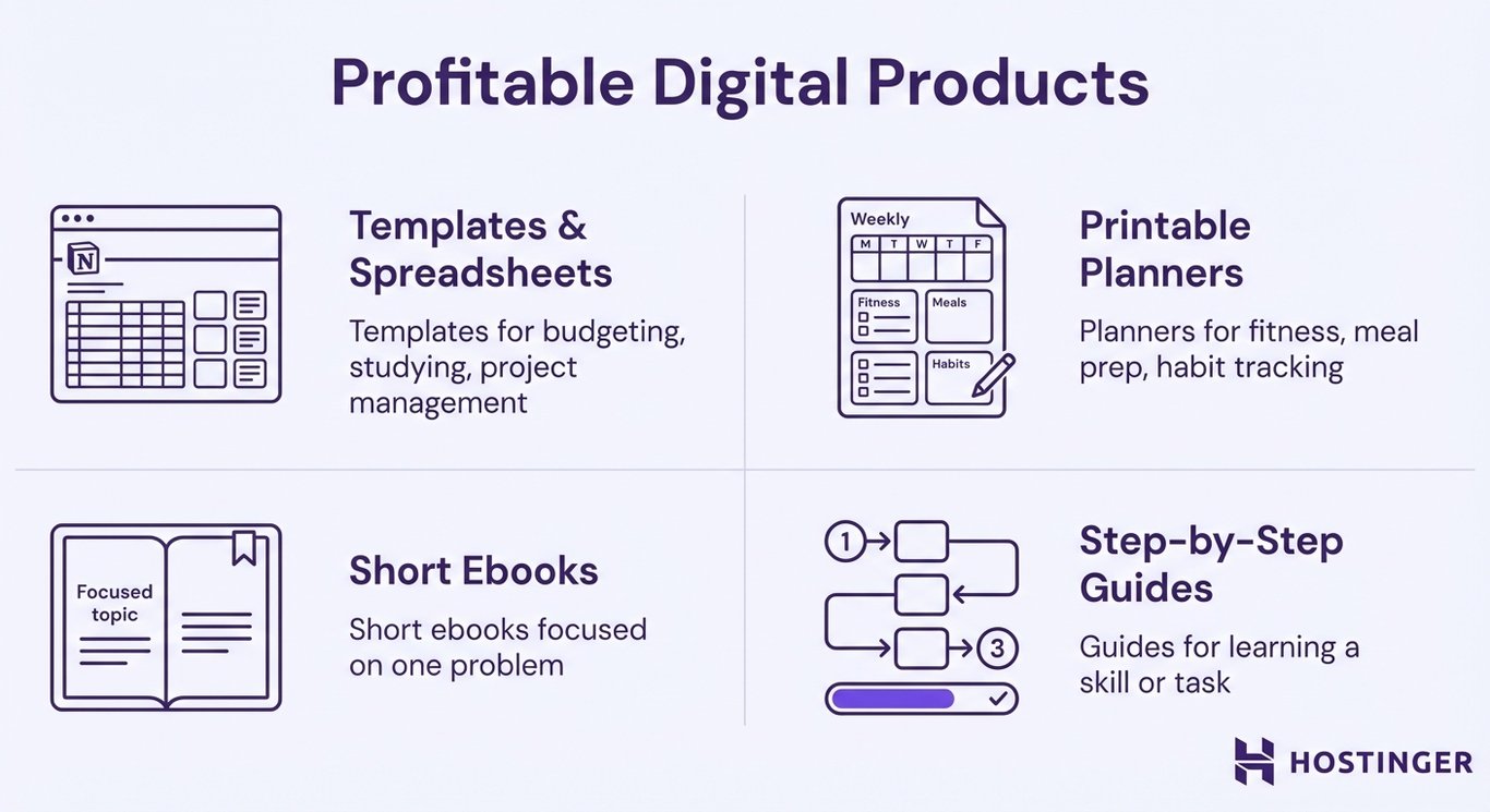 Graphic titled "Profitable Digital Products" showcasing creative ways to make money with templates, planners, short ebooks, and step-by-step guides for various uses.