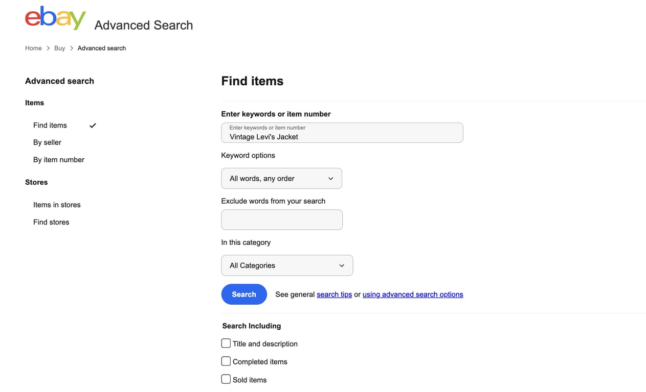eBay advanced search page