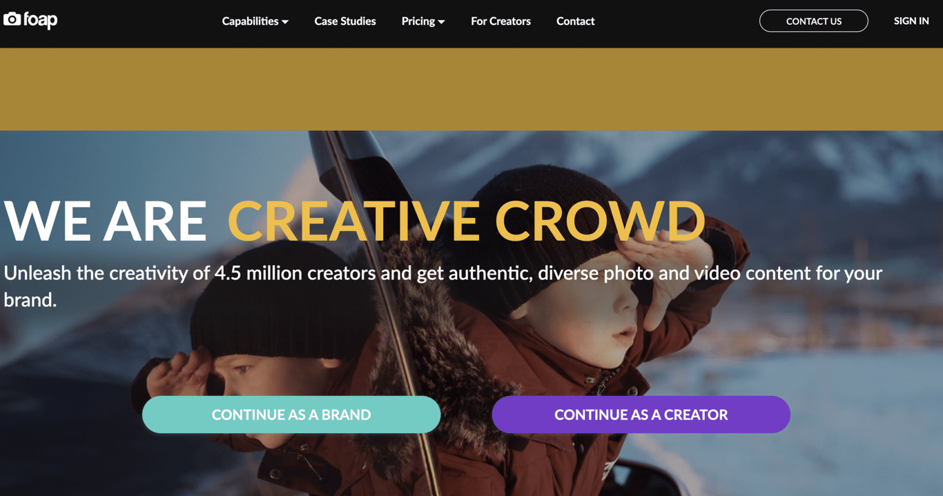 Homepage of Foap showcasing a tagline about creativity and options for brands and creators, set against a scenic outdoor background.