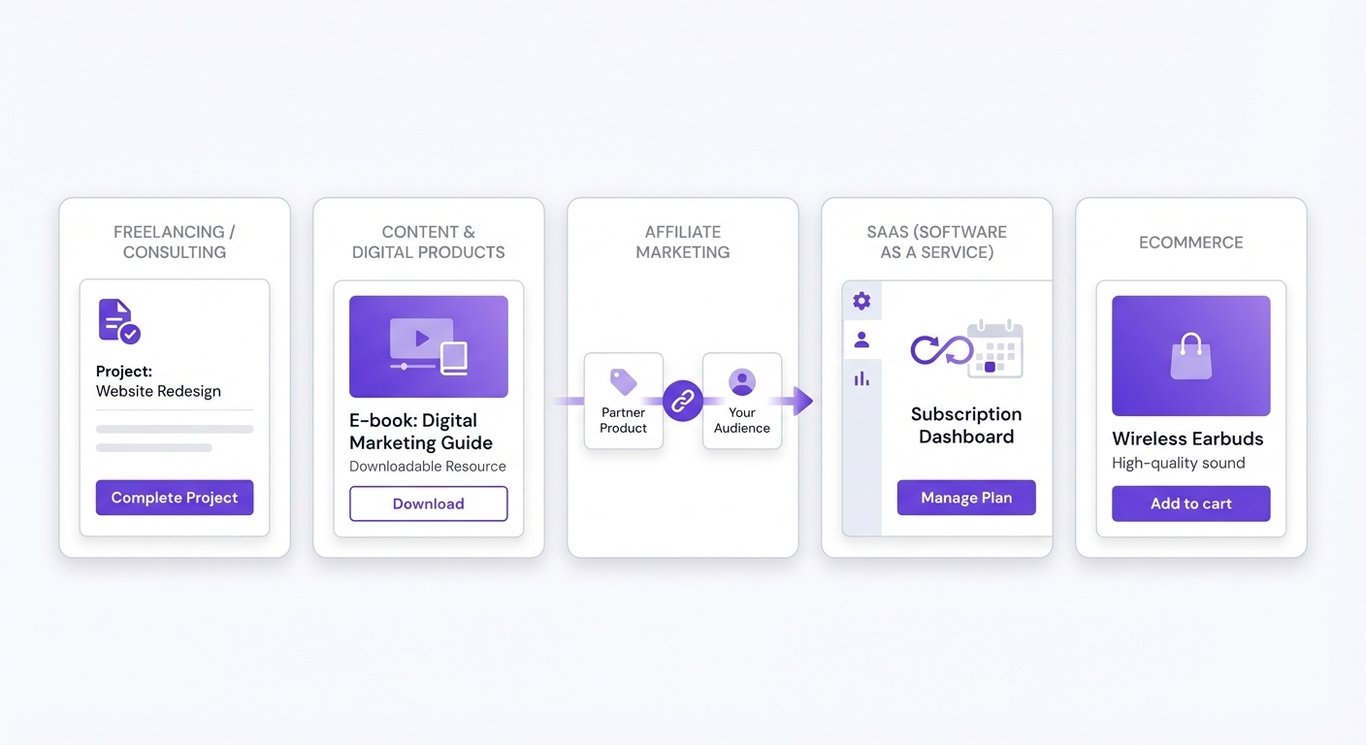 Visual comparison of five online business models: freelancing and consulting, content and digital products, affiliate marketing, SaaS subscriptions, and ecommerce products.
