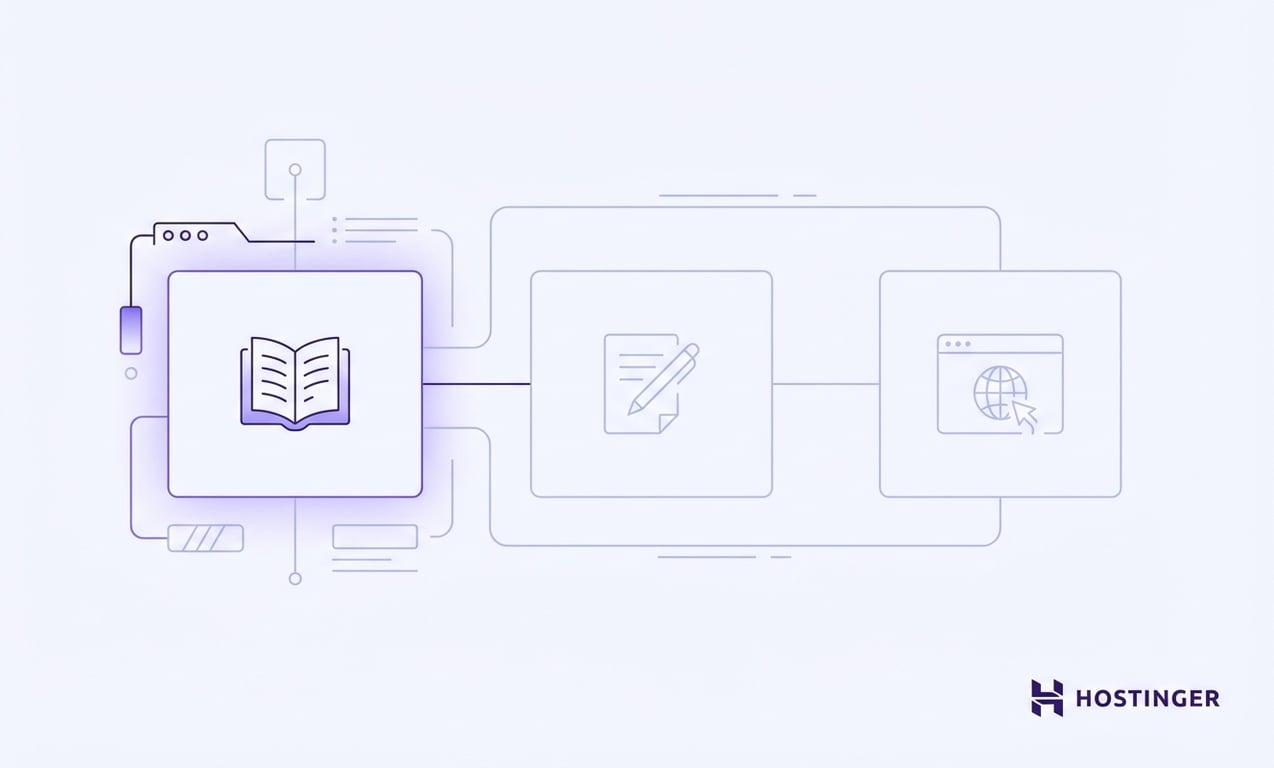 Illustration depicting a book icon connected to document editing and website browsing icons, with a modern, minimalistic design.