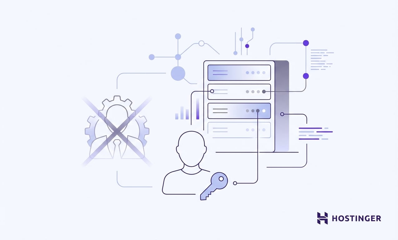 An abstract illustration depicting server management, security, and user access, featuring nodes and interconnected lines, branded with Hostinger.