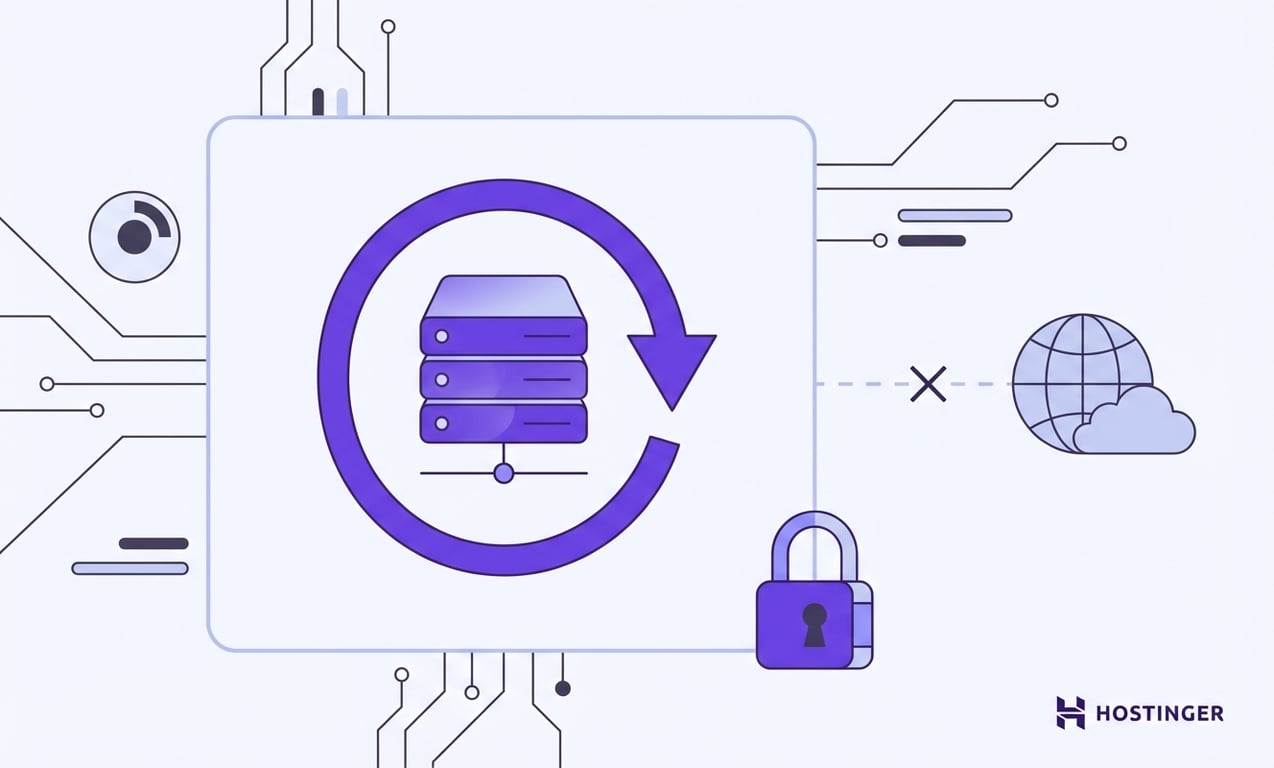 Illustration of server backup with a refresh symbol, padlock, and a globe, symbolizing data security and cloud integration.