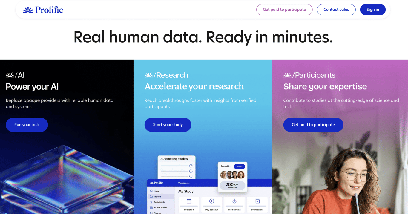 Prolific homepage showcasing services of secret websites to make money for AI, research, and participants, with vibrant graphics and easy navigation options.