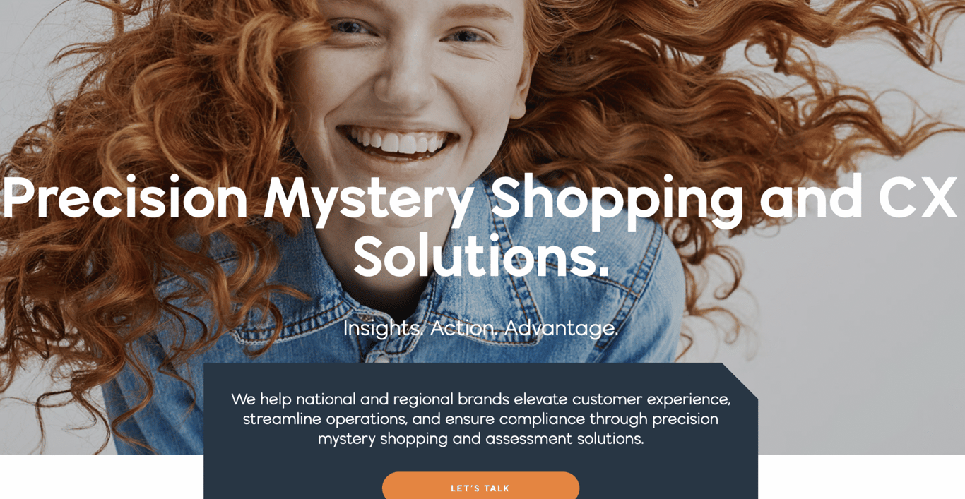 Second-to-none homepage featuring Text overlay on a soft background, promoting precision mystery shopping and customer experience solutions for brands.
