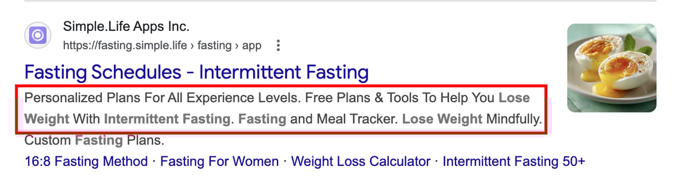 Google search result for “Fasting Schedules – Intermittent Fasting” by Simple.Life Apps Inc., with meta description text about personalized fasting plans and weight loss highlighted.