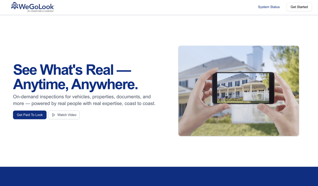 WeGoLook home page featuring a person holding a smartphone capturing a photo of a modern house, showcasing WeGoLook's on-demand inspection services.