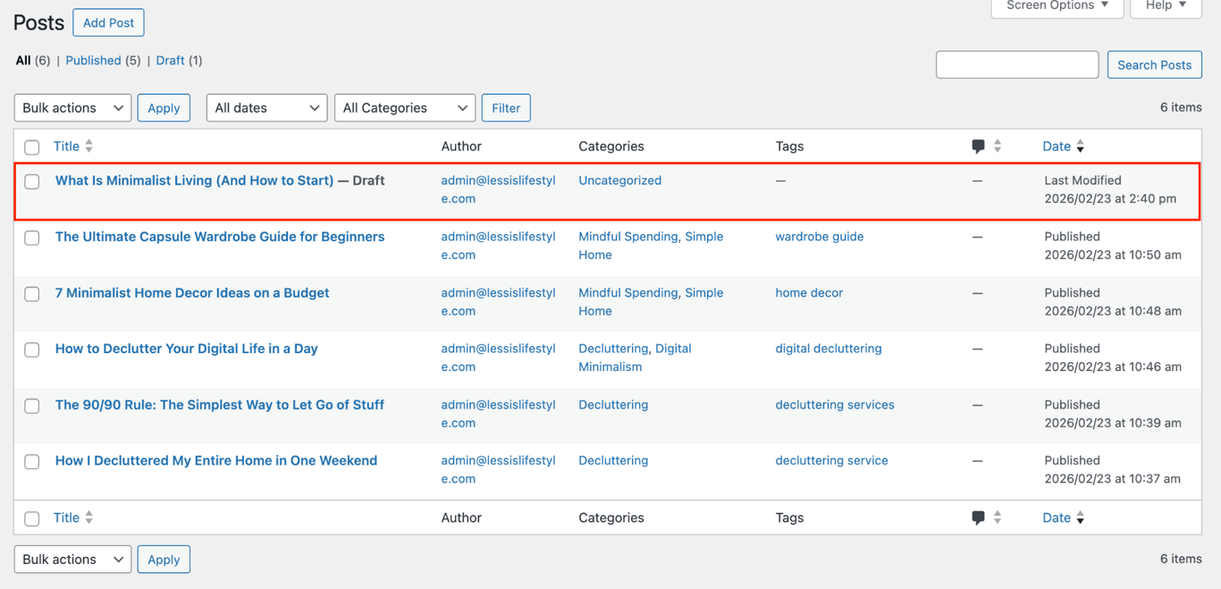 WordPress Posts list with What Is Minimalist Living draft post highlighted