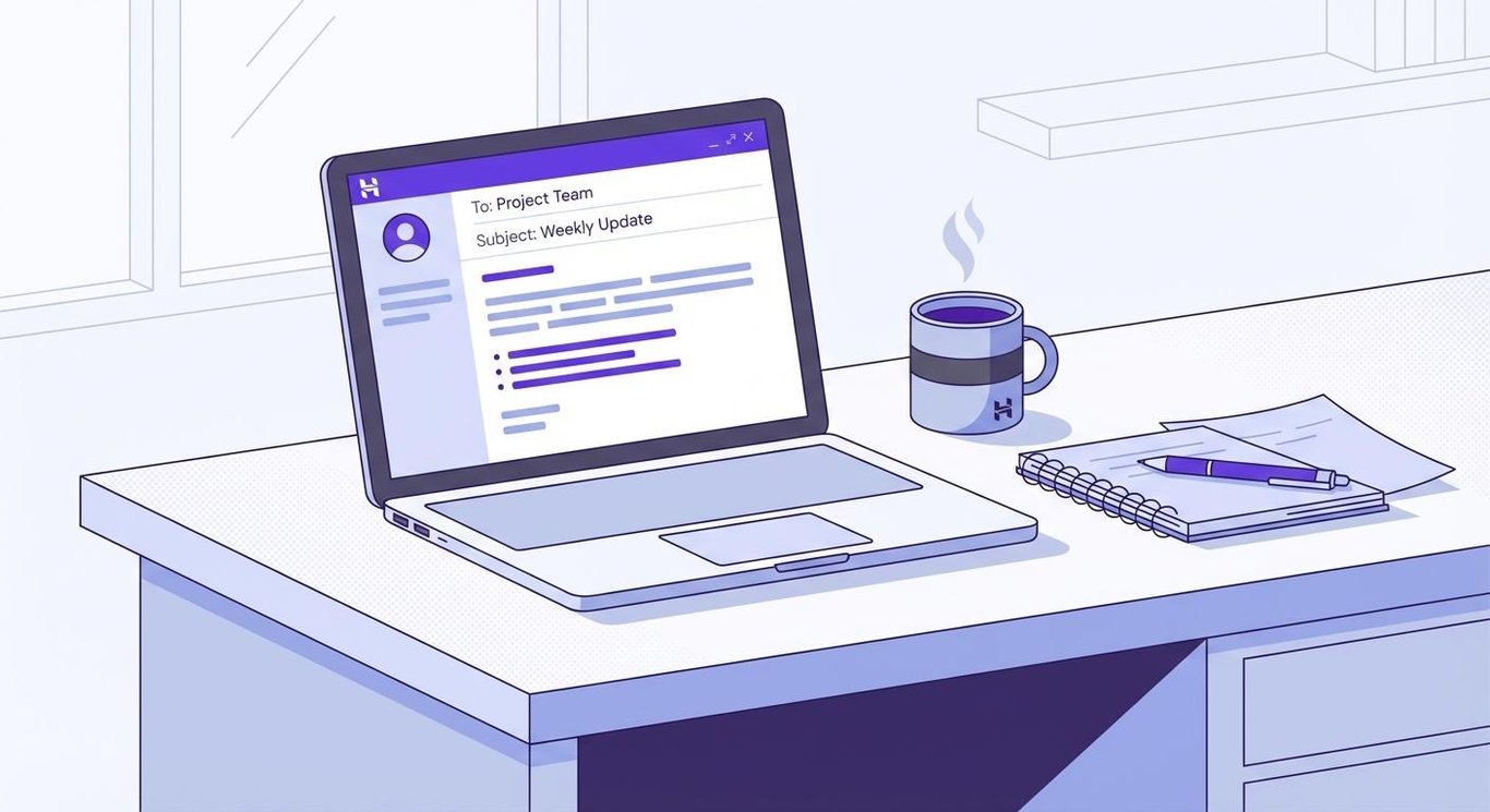 Illustration of a work desk with notes, coffee, and a laptop showing an open email