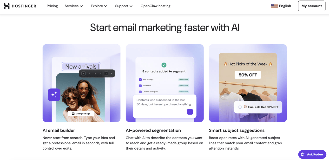 Hostinger Reach email marketing page features