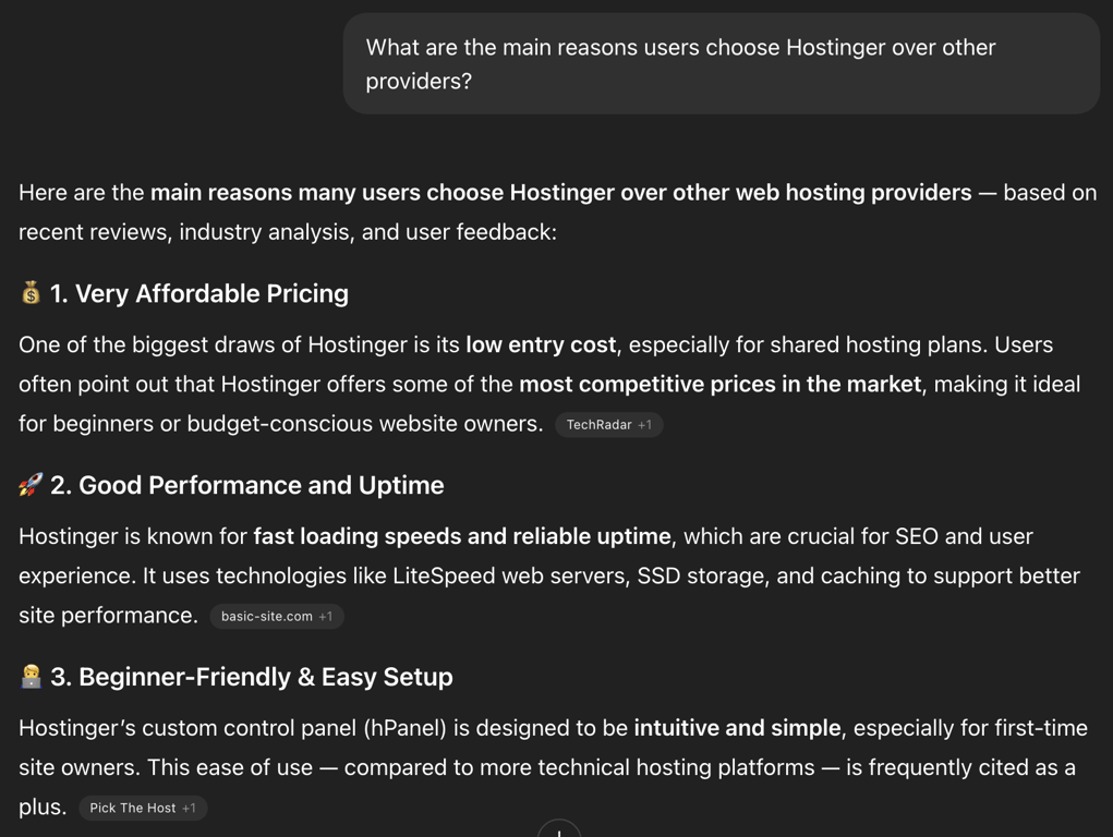 ChatGPT results for "What are the main reasons users choose Hostinger over other providers?"