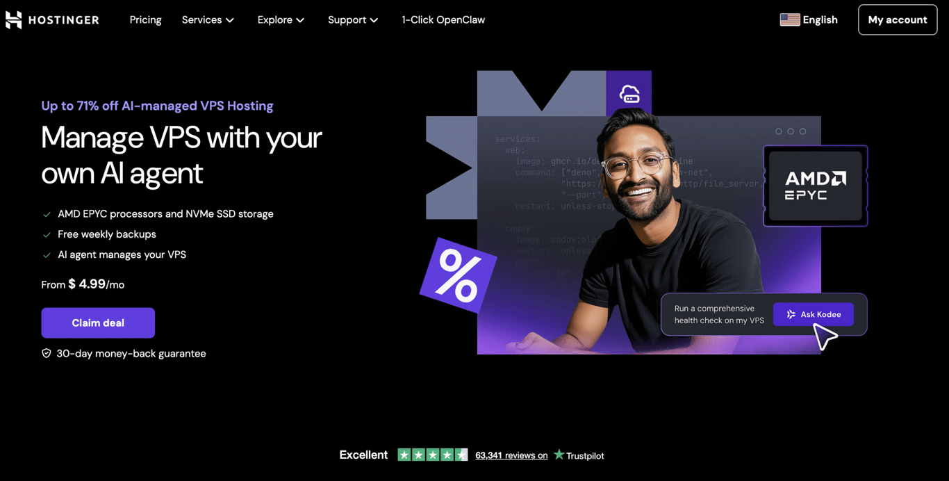 Promotional banner for Hostinger's AI-managed VPS hosting, highlighting features, pricing, and a call-to-action button.