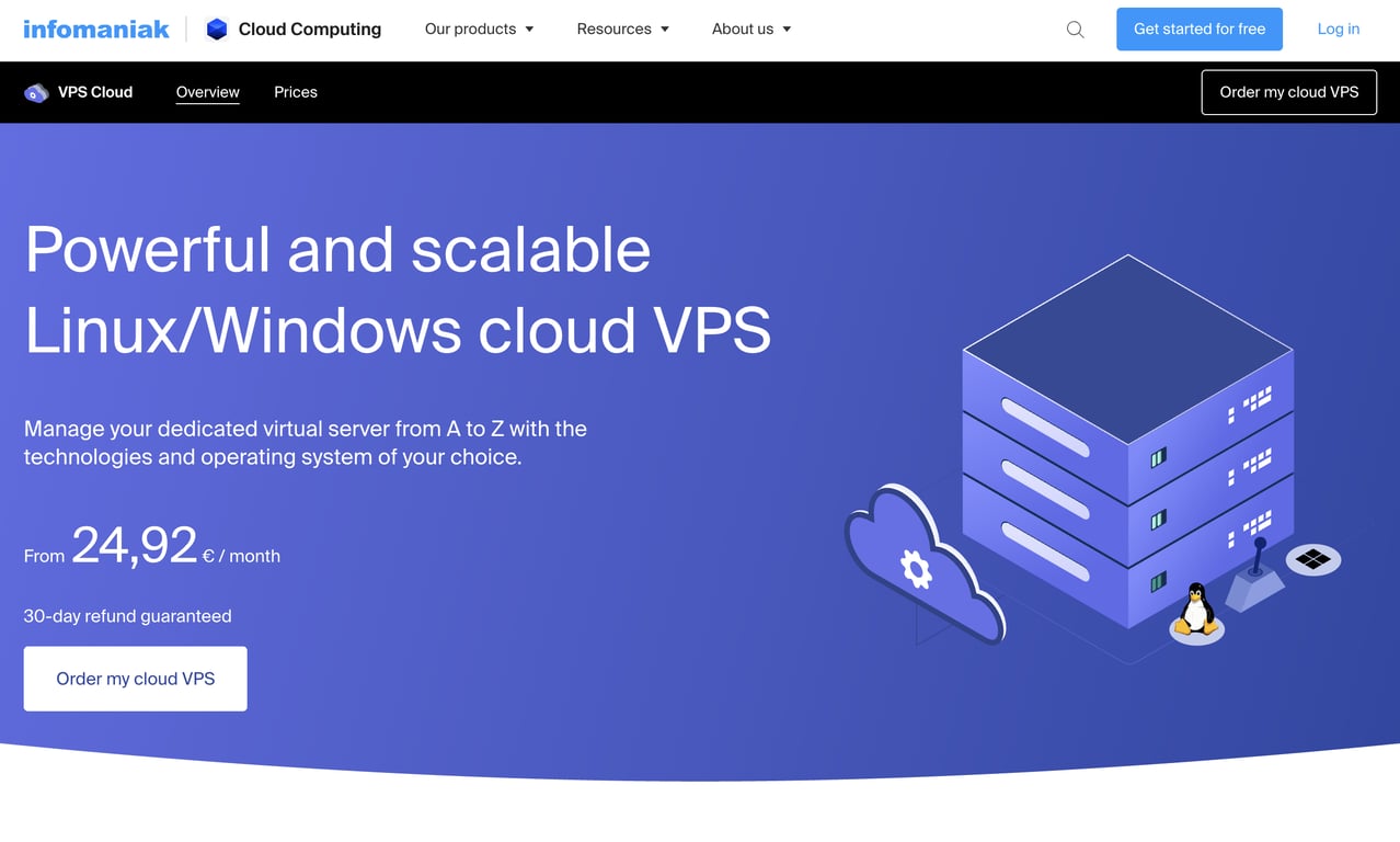 Infomaniak VPS Cloud page featuring scalable Linux/Windows servers, starting at &euro;24.92/month with 30-day refund guarantee.