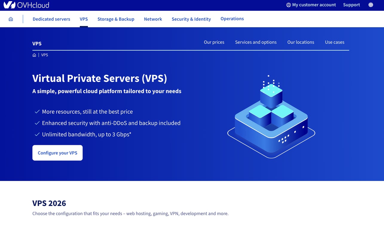 OVHcloud VPS page featuring a description of services, benefits, and a call-to-action button for configuration.