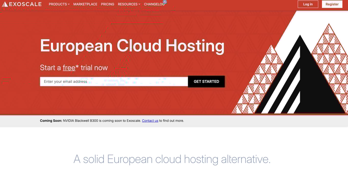 Landing page for Exoscale showcasing European cloud hosting, featuring a call-to-action for a free trial and a prominent design.