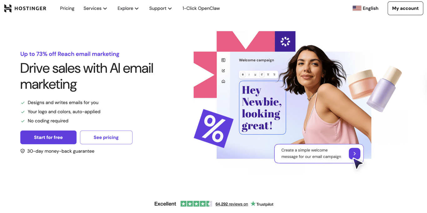 Hostinger webpage promoting AI email marketing with features, a welcome campaign example, and a call-to-action button for free start or pricing.
