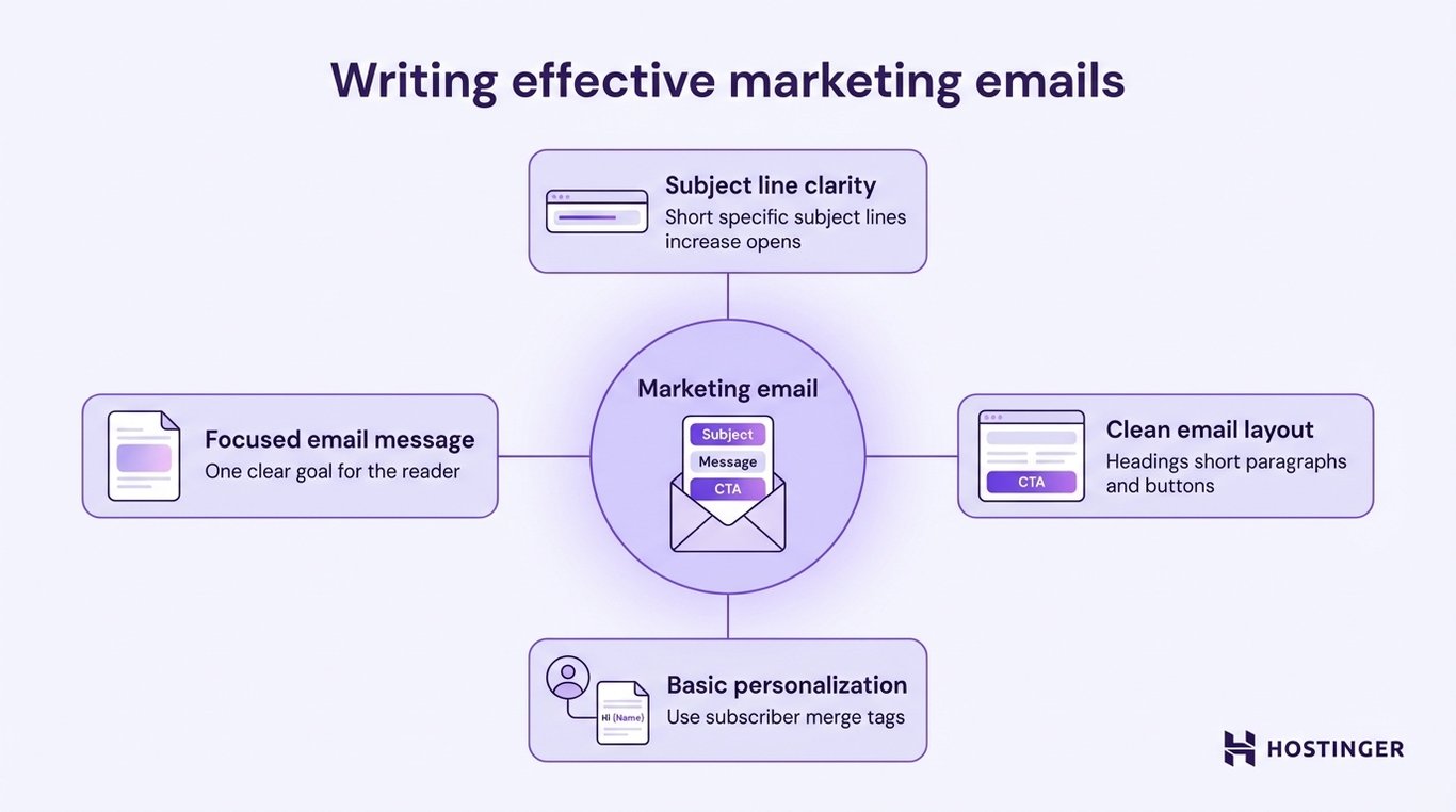 Diagram showing four tips for writing effective marketing emails: subject line clarity, focused message, clean layout, and basic personalization.