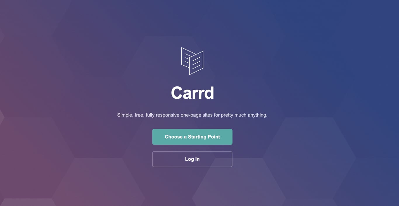 Carrd homepage showing the Carrd logo and buttons for &ldquo;Choose a Starting Point&rdquo; and &ldquo;Log In.&rdquo;