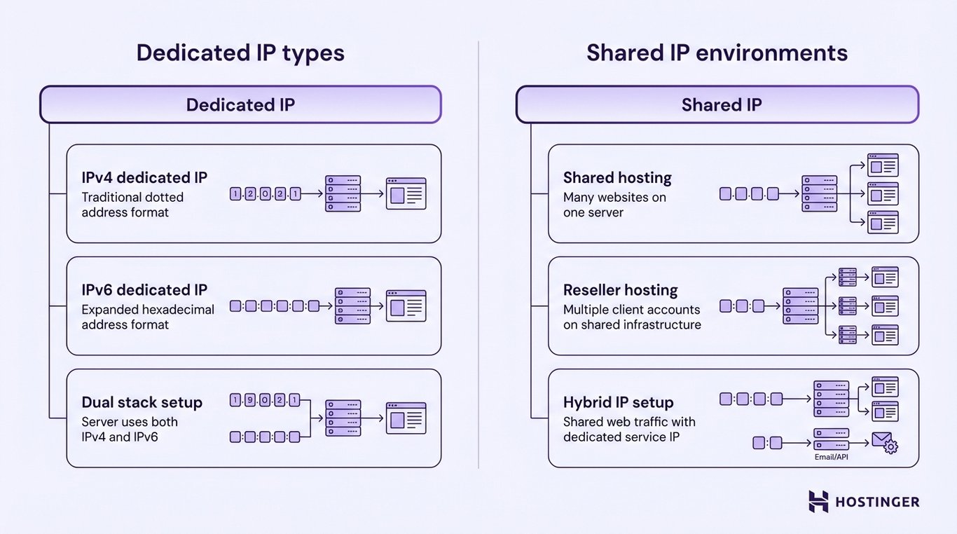 Diagram comparing Dedicated IP types (IPv4, IPv6, Dual stack) and Shared IP environments (Shared, Reseller, Hybrid hosting).