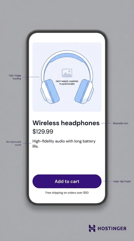 Smartphone screen showing a wireless headphones product page with price, description, and a prominent "Add to cart" button.