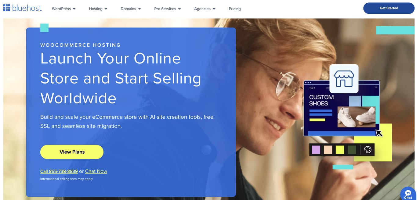 Bluehost promotional image for WooCommerce hosting, featuring a vibrant blue background and text encouraging online store creation.