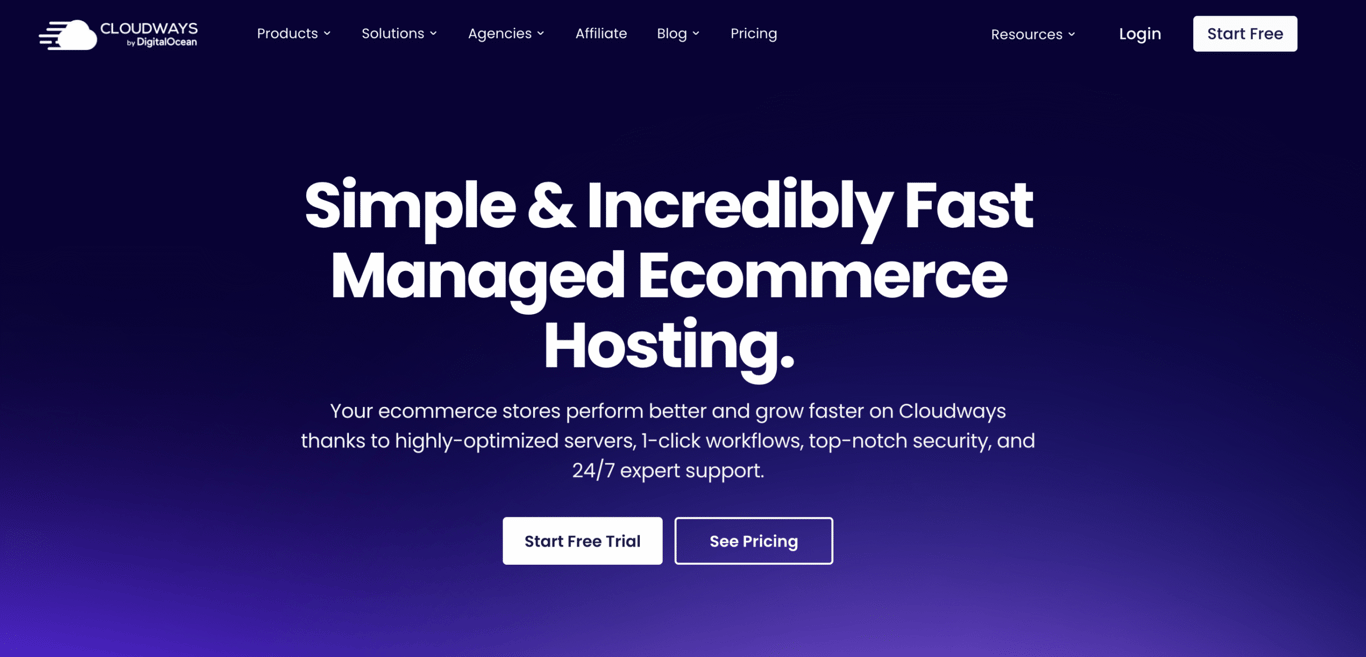 Homepage of Cloudways featuring a bold headline promoting fast managed eCommerce hosting with options for a free trial and pricing details.