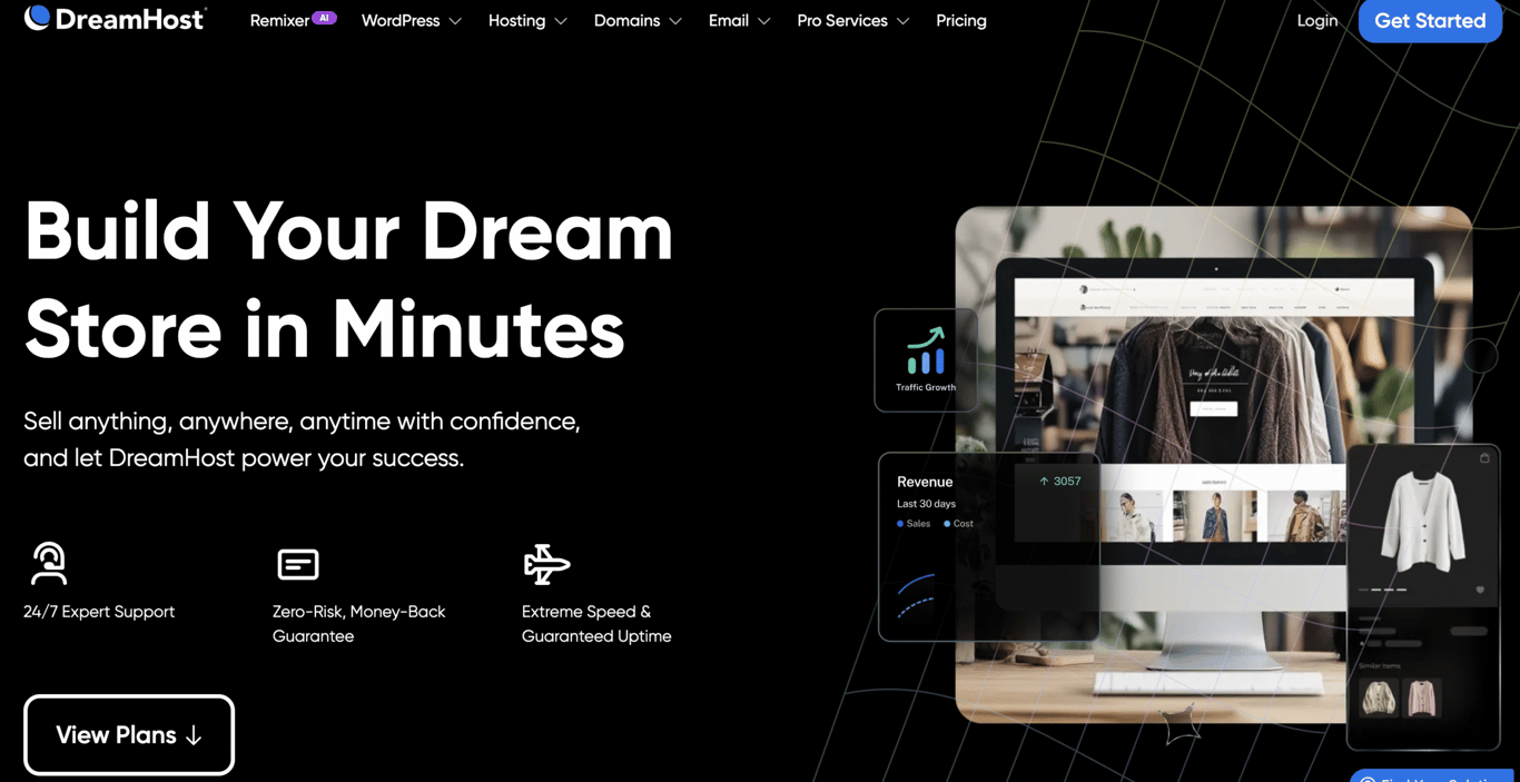DreamHost webpage showcasing e-commerce solutions. Text reads 'Build Your Dream Store in Minutes' with icons for expert support, money-back guarantee, and speed. Image of a clothing store website on a computer screen.
