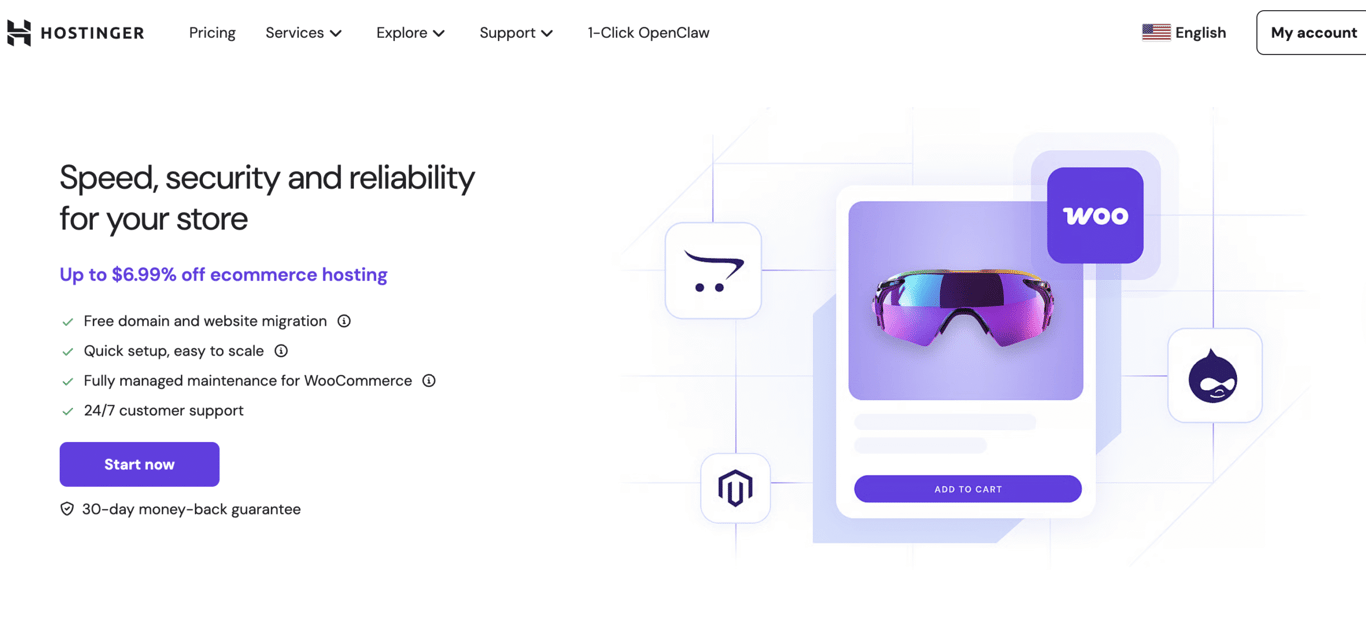 Hostinger ecommerce hosting ad featuring sunglasses, highlighting speed, security, and 24/7 support. Offers promotional pricing and features.