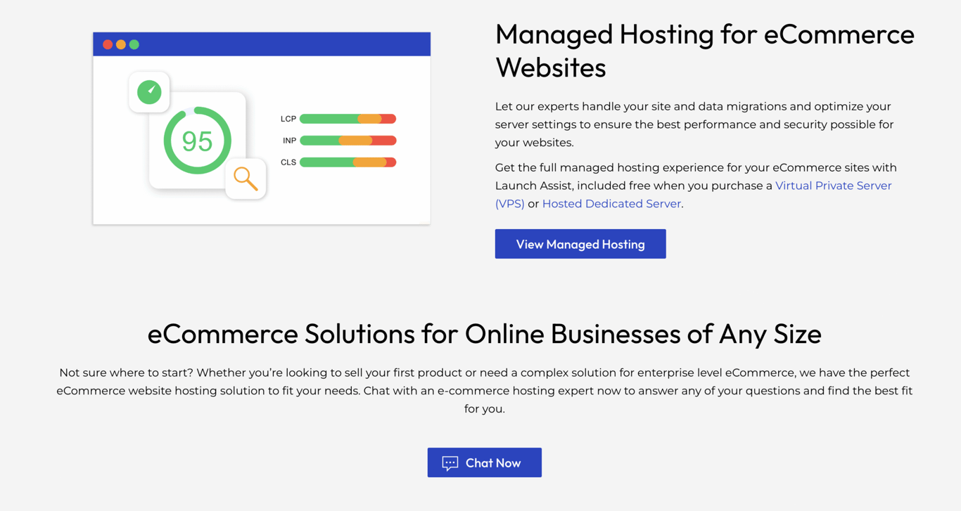 Image depicting managed hosting services for eCommerce, highlighting performance metrics and support options with call-to-action buttons.