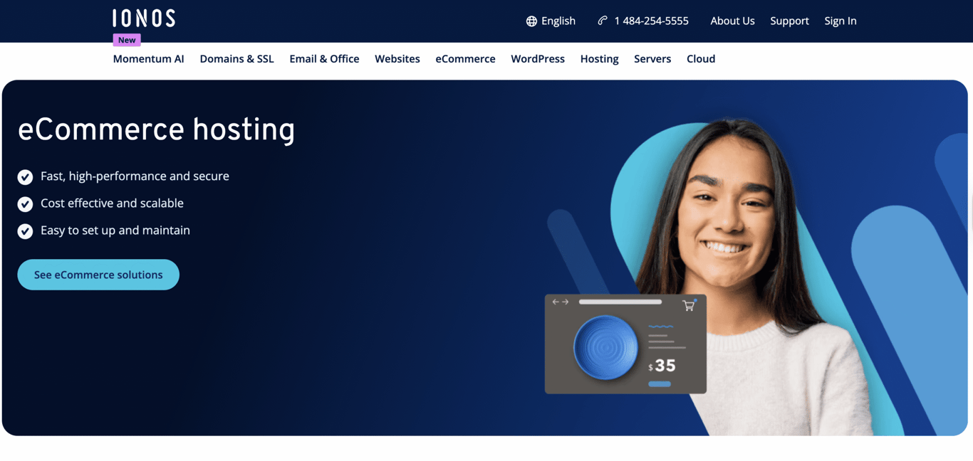 Graphic promoting eCommerce hosting services with key benefits listed, including speed, cost-effectiveness, and ease of use.